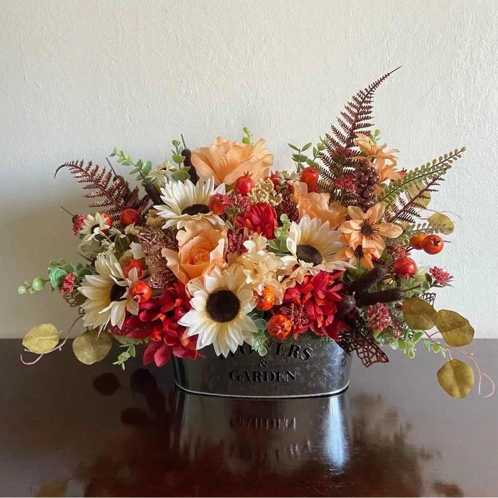 Faux Floral Bouquet With Peach Roses/Cream Sunflowers
